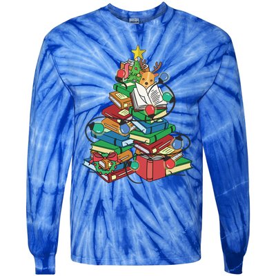 Christmas Tree Library Xmas Lights Tree Book Lover Librarian Cute Gift Tie-Dye Long Sleeve Shirt