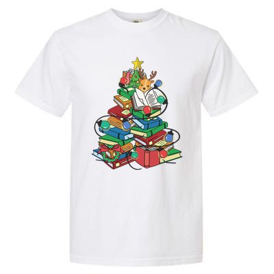 Christmas Tree Library Xmas Lights Tree Book Lover Librarian Cute Gift Garment-Dyed Heavyweight T-Shirt