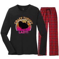 Crazy Turkey Lady Funny Retro Turkey Women's Long Sleeve Flannel Pajama Set 