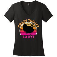 Crazy Turkey Lady Funny Retro Turkey Women's V-Neck T-Shirt