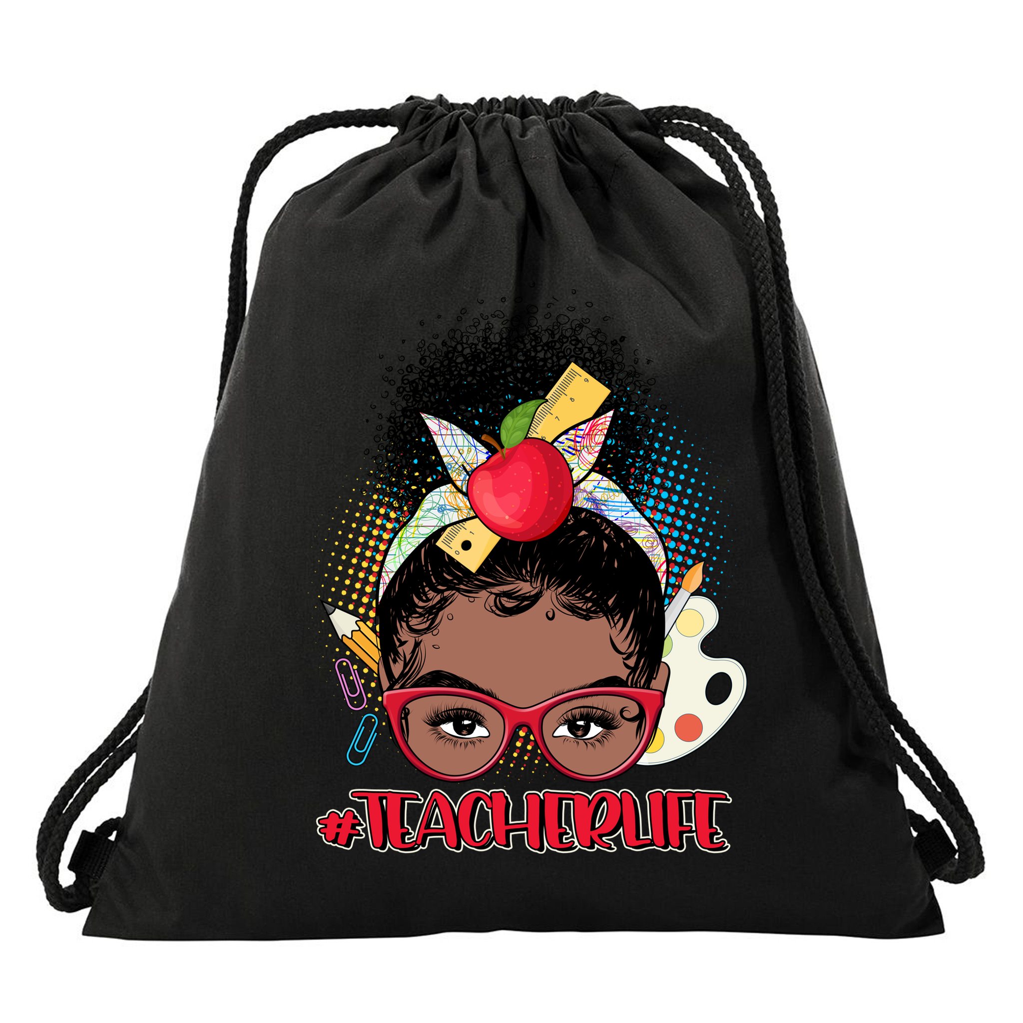 Cute #Teacher Life Afro Puff Bun Teacher Drawstring Bag