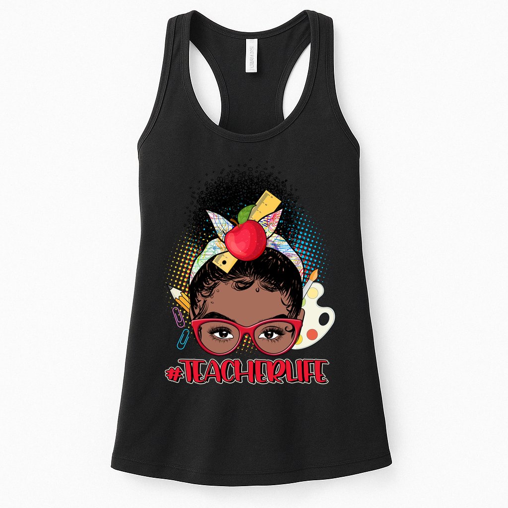 Cute #Teacher Life Afro Puff Bun Teacher Womens Tank Top