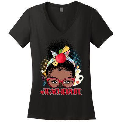 Cute #Teacher Life Afro Puff Bun Teacher Women's V-Neck T-Shirt