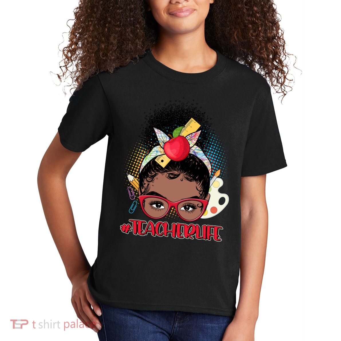 Cute #Teacher Life Afro Puff Bun Teacher Kids T-Shirt