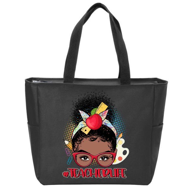 Cute #Teacher Life Afro Puff Bun Teacher Zip Tote Bag