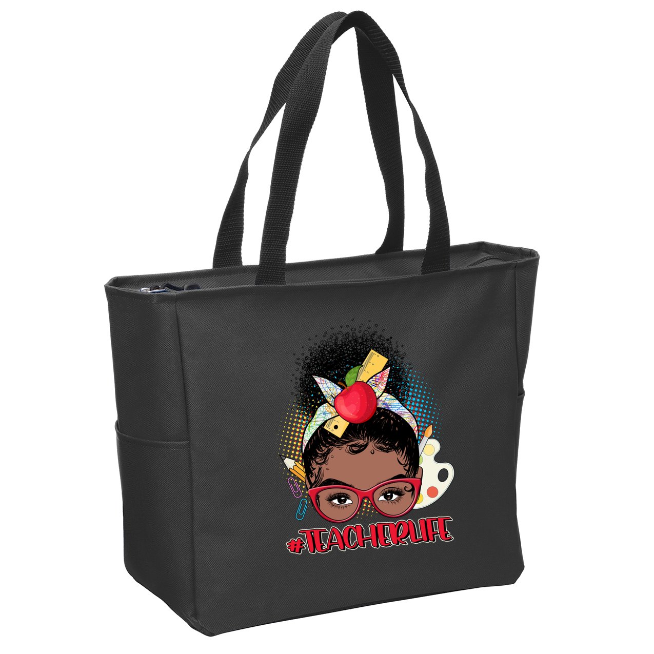 Cute #Teacher Life Afro Puff Bun Teacher Zip Tote Bag