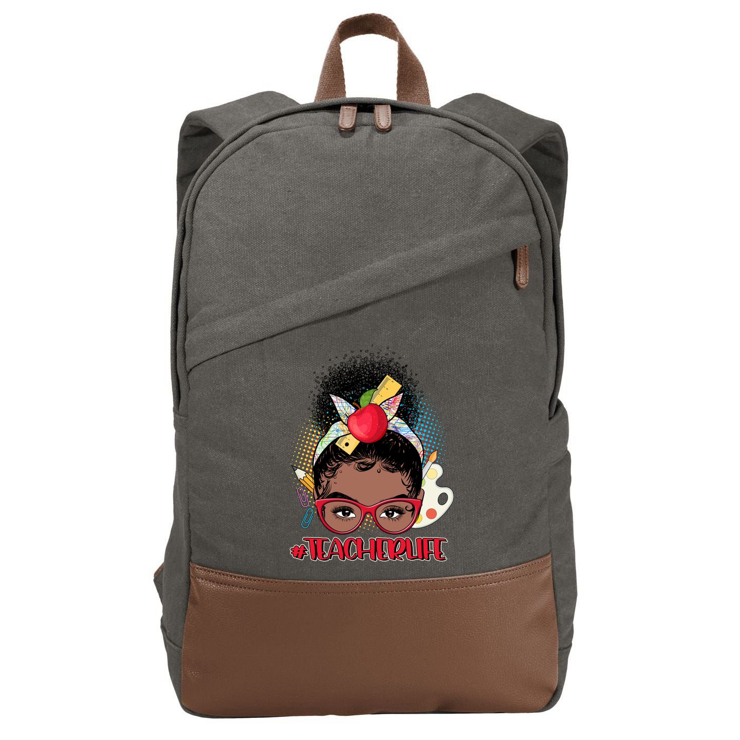 Cute #Teacher Life Afro Puff Bun Teacher Cotton Canvas Backpack