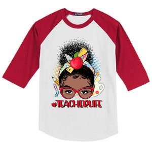 Cute #Teacher Life Afro Puff Bun Teacher Kids Colorblock Raglan Jersey