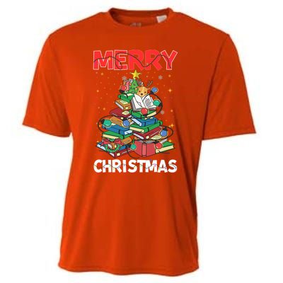 Christmas Tree Library Xmas Lights Tree Book Lover Librarian Gift Cooling Performance Crew T-Shirt