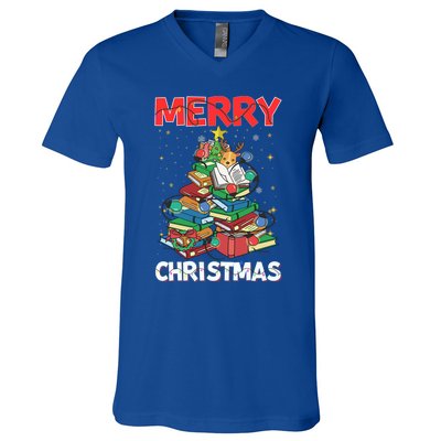 Christmas Tree Library Xmas Lights Tree Book Lover Librarian Gift V-Neck T-Shirt