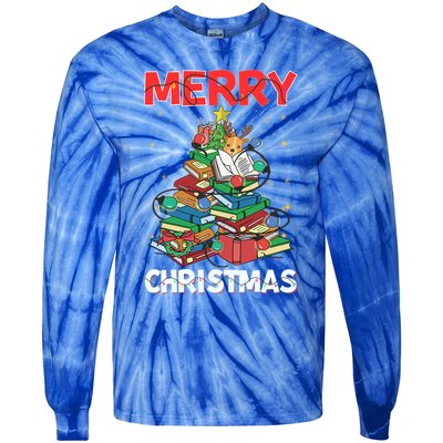 Christmas Tree Library Xmas Lights Tree Book Lover Librarian Gift Tie-Dye Long Sleeve Shirt