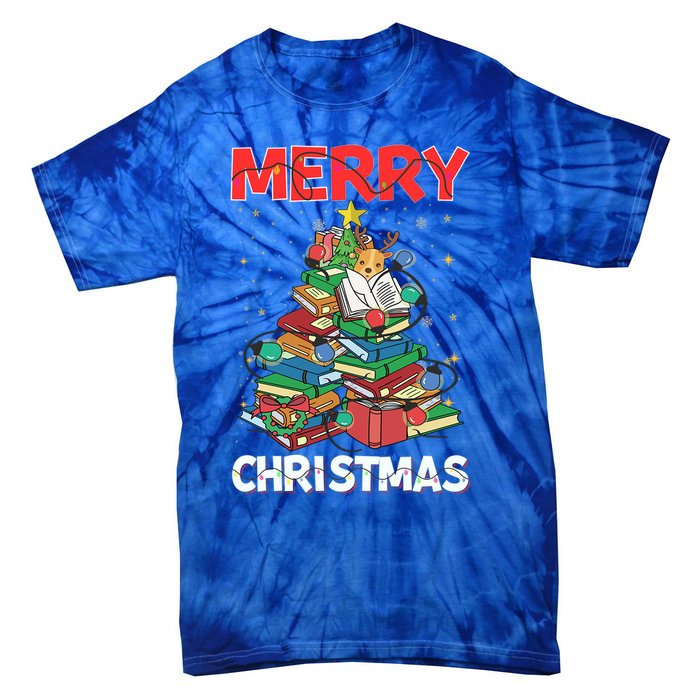 Christmas Tree Library Xmas Lights Tree Book Lover Librarian Gift Tie-Dye T-Shirt