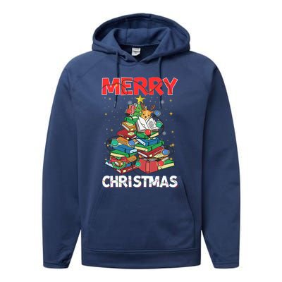 Christmas Tree Library Xmas Lights Tree Book Lover Librarian Gift Performance Fleece Hoodie