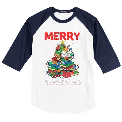 Christmas Tree Library Xmas Lights Tree Book Lover Librarian Gift Baseball Sleeve Shirt