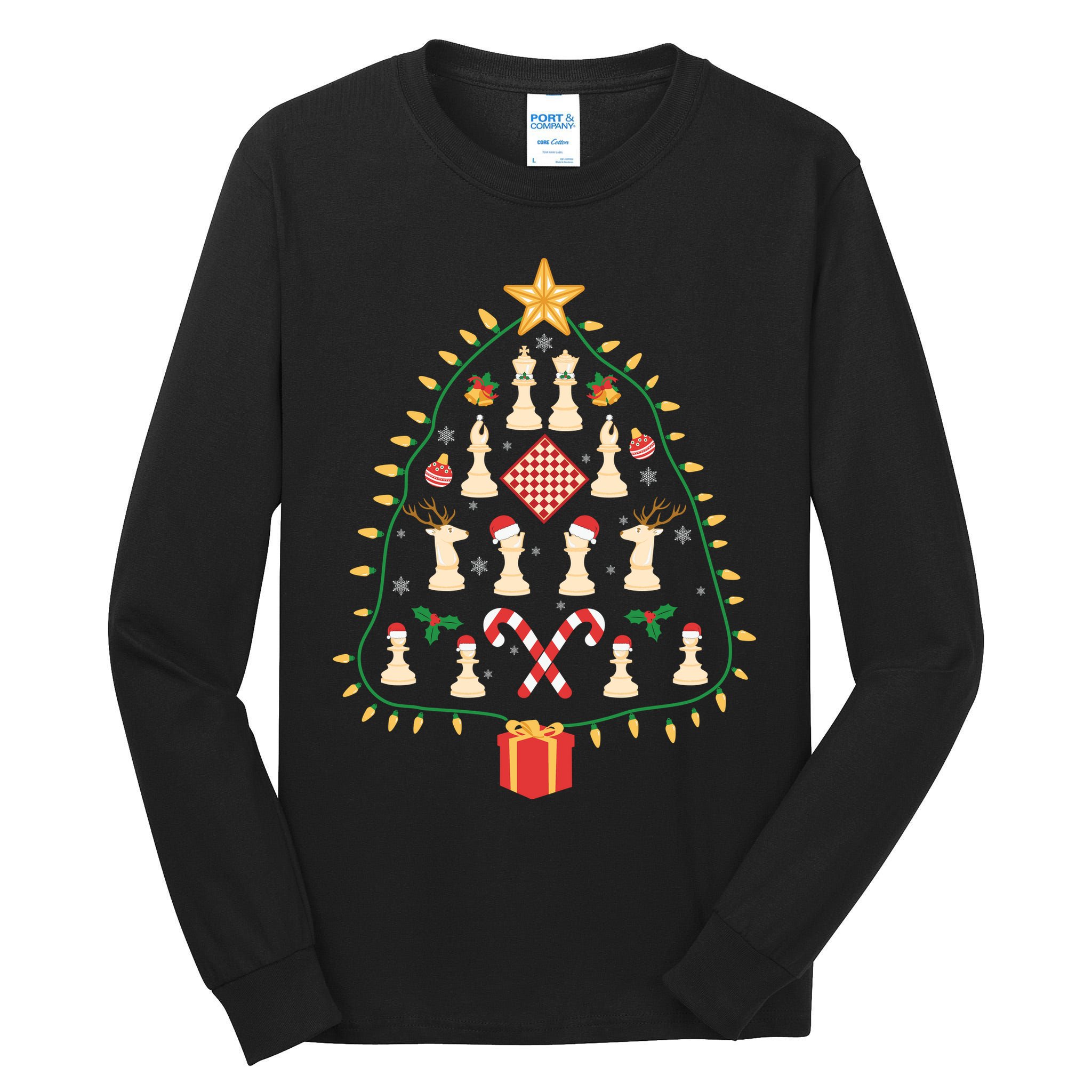 Christmas Chess Tree Light Santa Hat Funny Xmas Sport Holiday Tall Long Sleeve T-Shirt