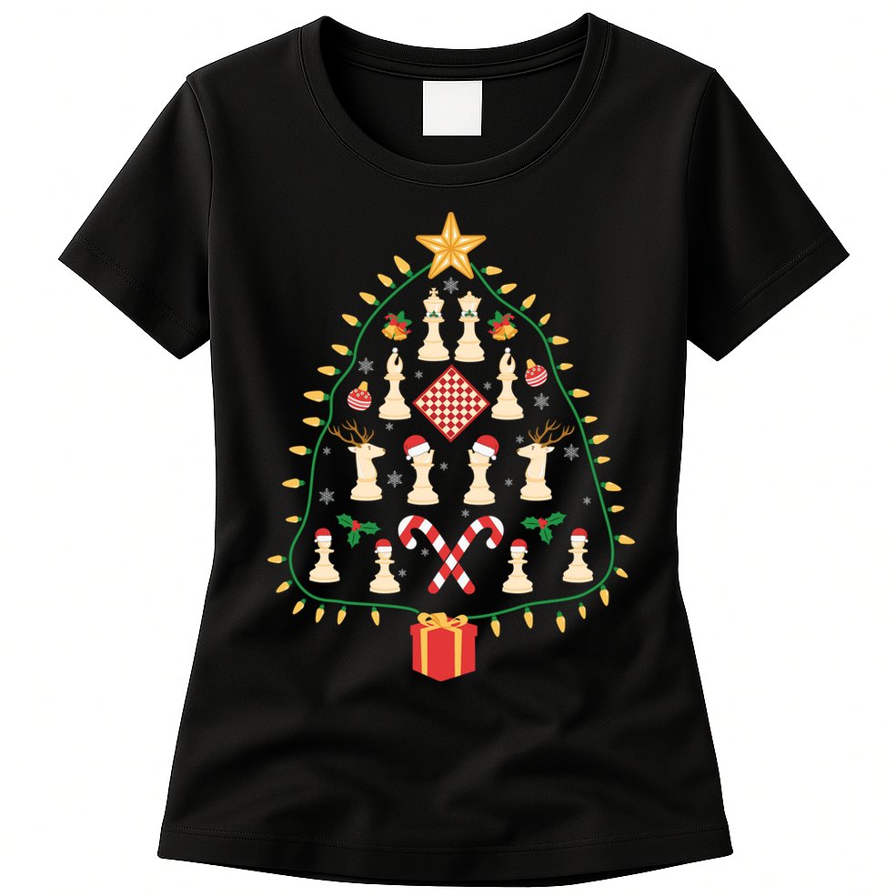 Christmas Chess Tree Light Santa Hat Funny Xmas Sport Holiday Womens T-Shirt