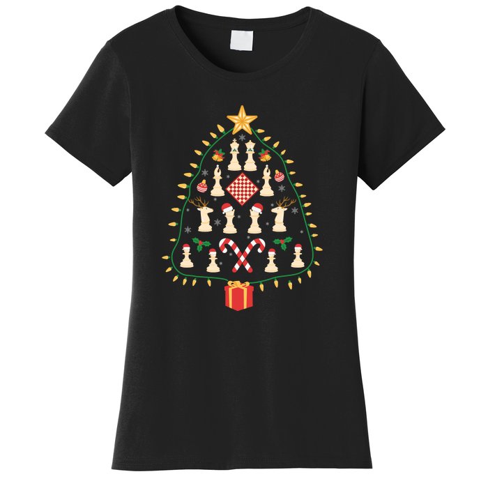 Christmas Chess Tree Light Santa Hat Funny Xmas Sport Holiday Women's T-Shirt