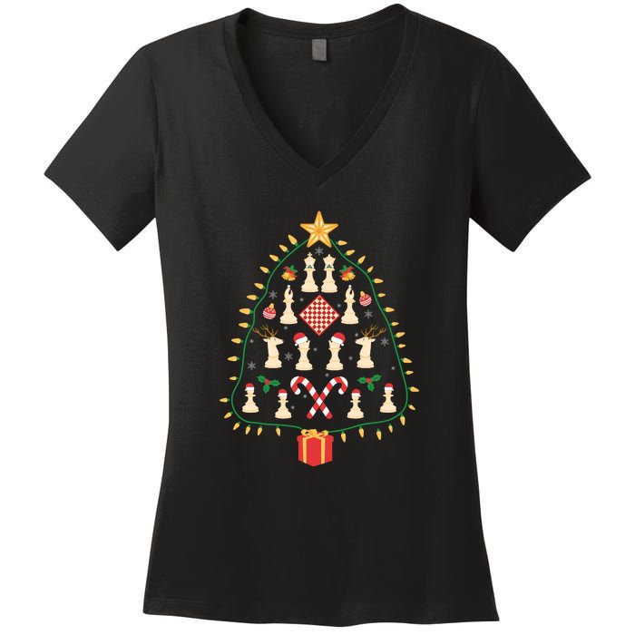 Christmas Chess Tree Light Santa Hat Funny Xmas Sport Holiday Women's V-Neck T-Shirt