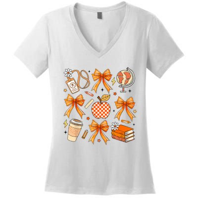 Coquette Teacher Life Football Autumn Fall Book Women's V-Neck T-Shirt