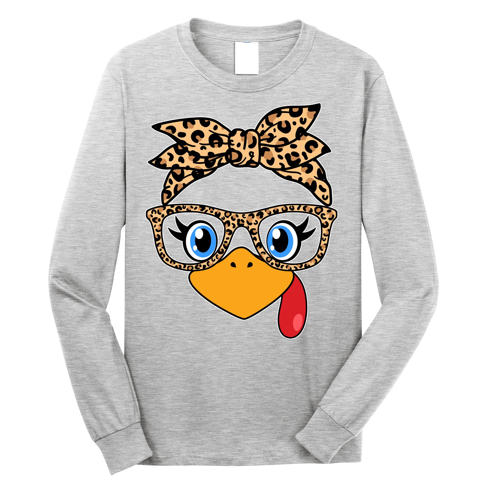 Cute Thanksgiving Leopard Print Bandana Glasses Turkey Girl Long Sleeve Shirt