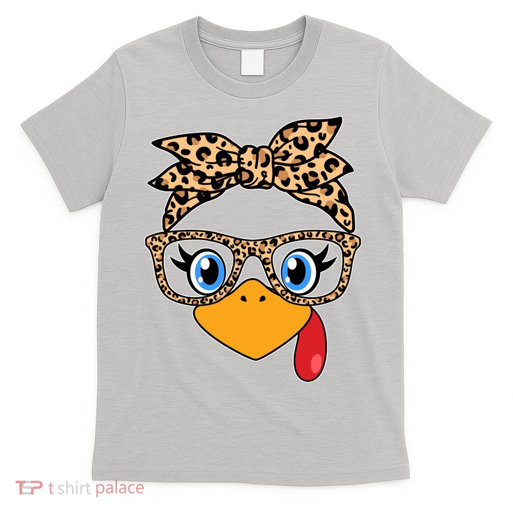 Cute Thanksgiving Leopard Print Bandana Glasses Turkey Girl T-Shirt