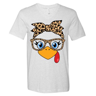Cute Thanksgiving Leopard Print Bandana Glasses Turkey Girl V-Neck T-Shirt