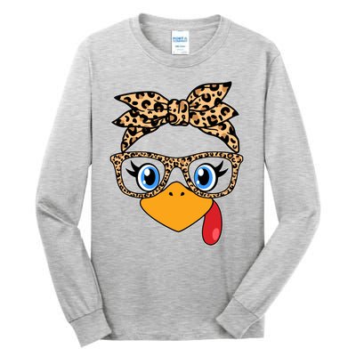 Cute Thanksgiving Leopard Print Bandana Glasses Turkey Girl Tall Long Sleeve T-Shirt