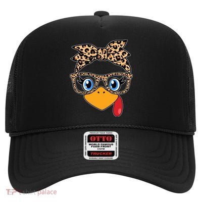 Cute Thanksgiving Leopard Print Bandana Glasses Turkey Girl High Crown Mesh Back Trucker Hat