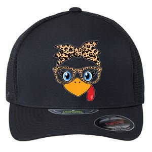 Cute Thanksgiving Leopard Print Bandana Glasses Turkey Girl Flexfit Unipanel Trucker Cap