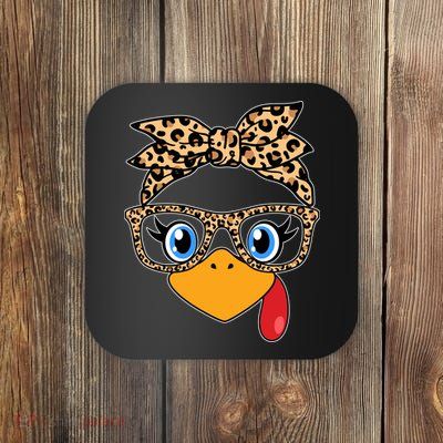 Cute Thanksgiving Leopard Print Bandana Glasses Turkey Girl Coaster
