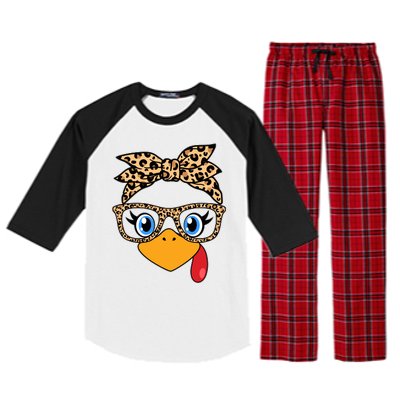 Cute Thanksgiving Leopard Print Bandana Glasses Turkey Girl Raglan Sleeve Pajama Set