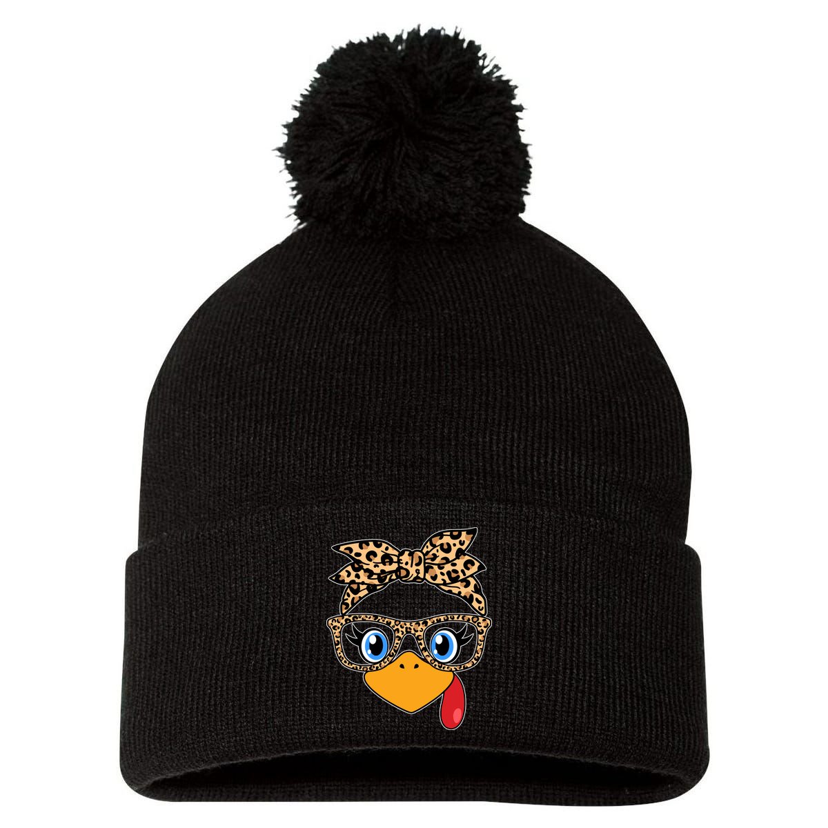 Cute Thanksgiving Leopard Print Bandana Glasses Turkey Girl Pom Pom 12in Knit Beanie