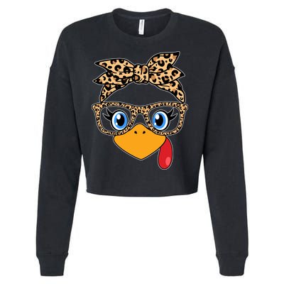 Cute Thanksgiving Leopard Print Bandana Glasses Turkey Girl Cropped Pullover Crew