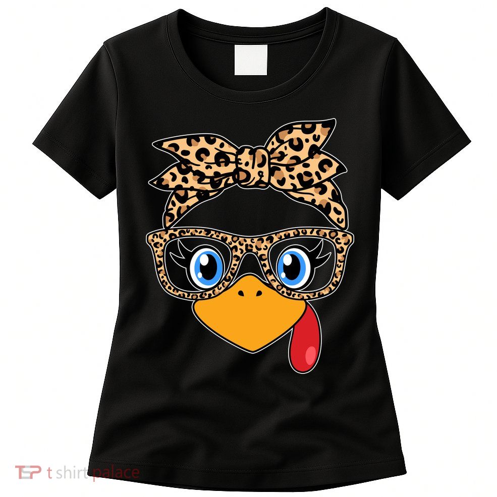 Cute Thanksgiving Leopard Print Bandana Glasses Turkey Girl Women's T-Shirt