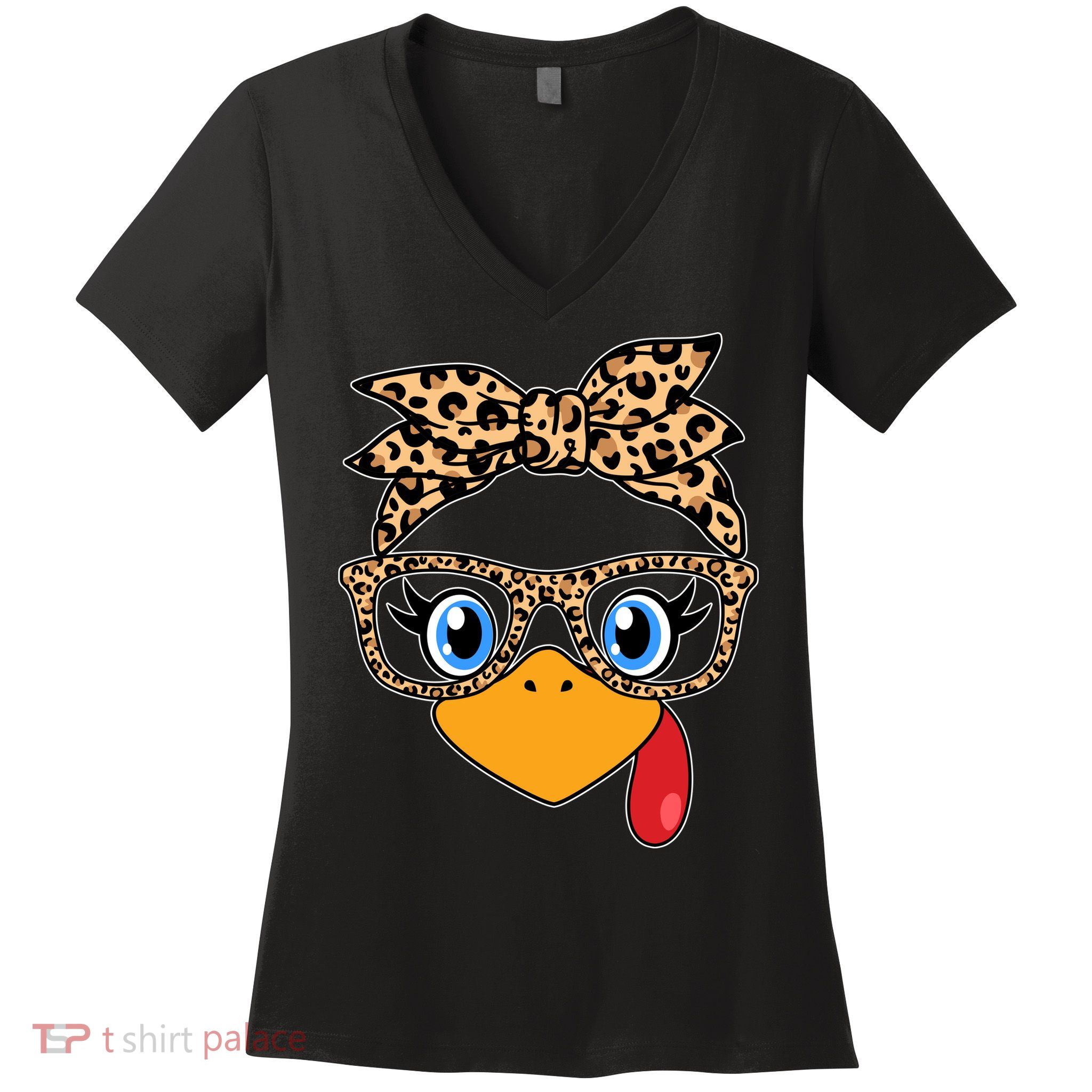 Cute Thanksgiving Leopard Print Bandana Glasses Turkey Girl Women's V-Neck T-Shirt