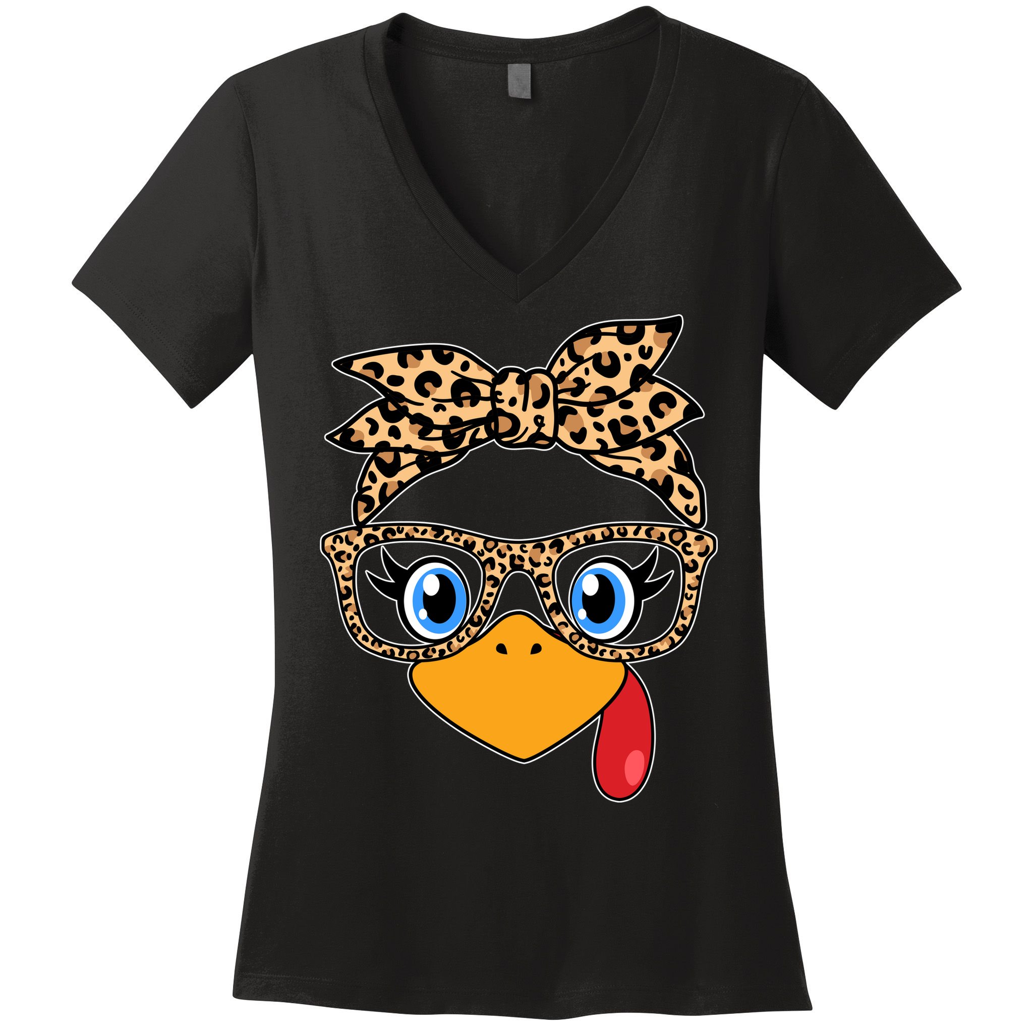 Cute Thanksgiving Leopard Print Bandana Glasses Turkey Girl Women's V-Neck T-Shirt