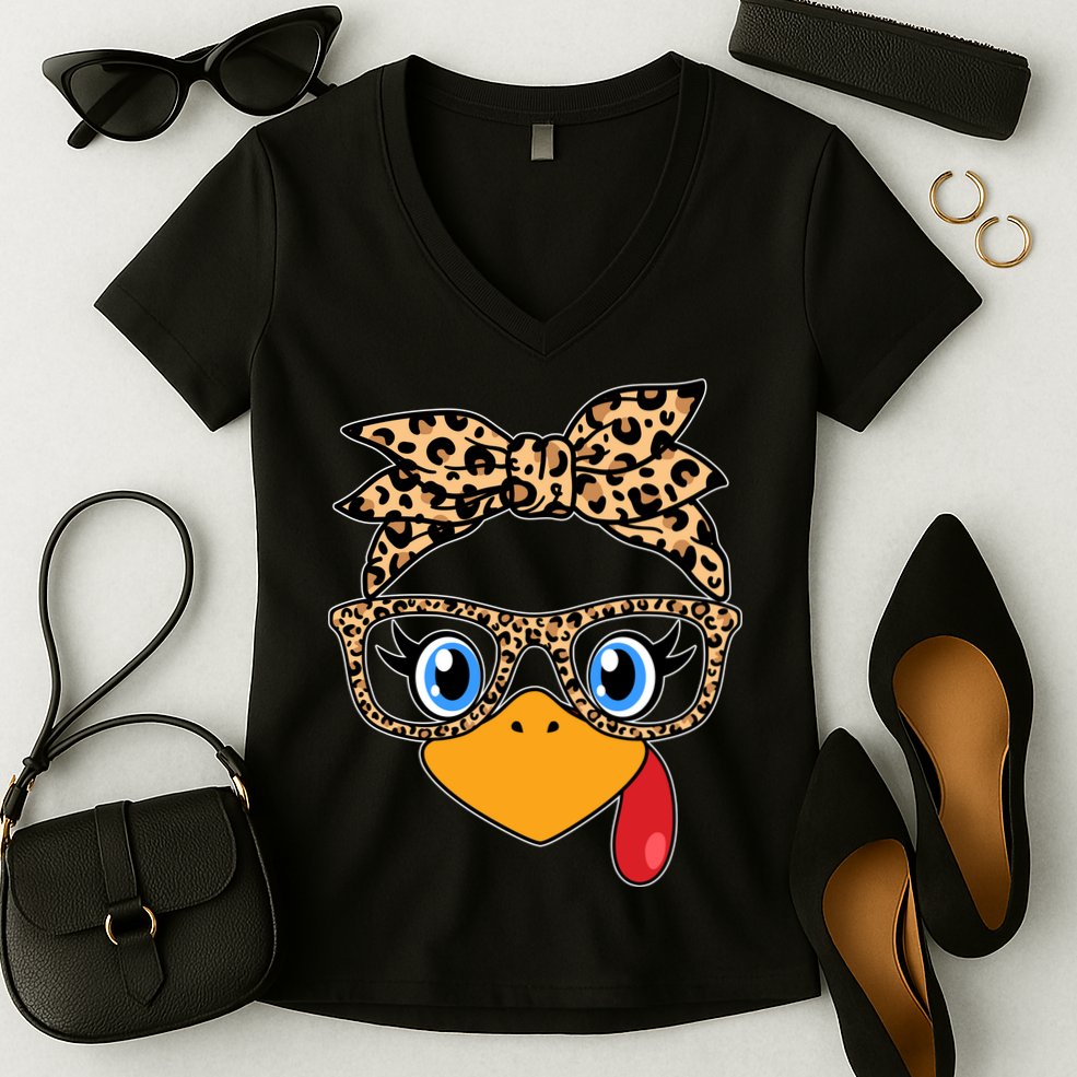 Cute Thanksgiving Leopard Print Bandana Glasses Turkey Girl Women's V-Neck T-Shirt