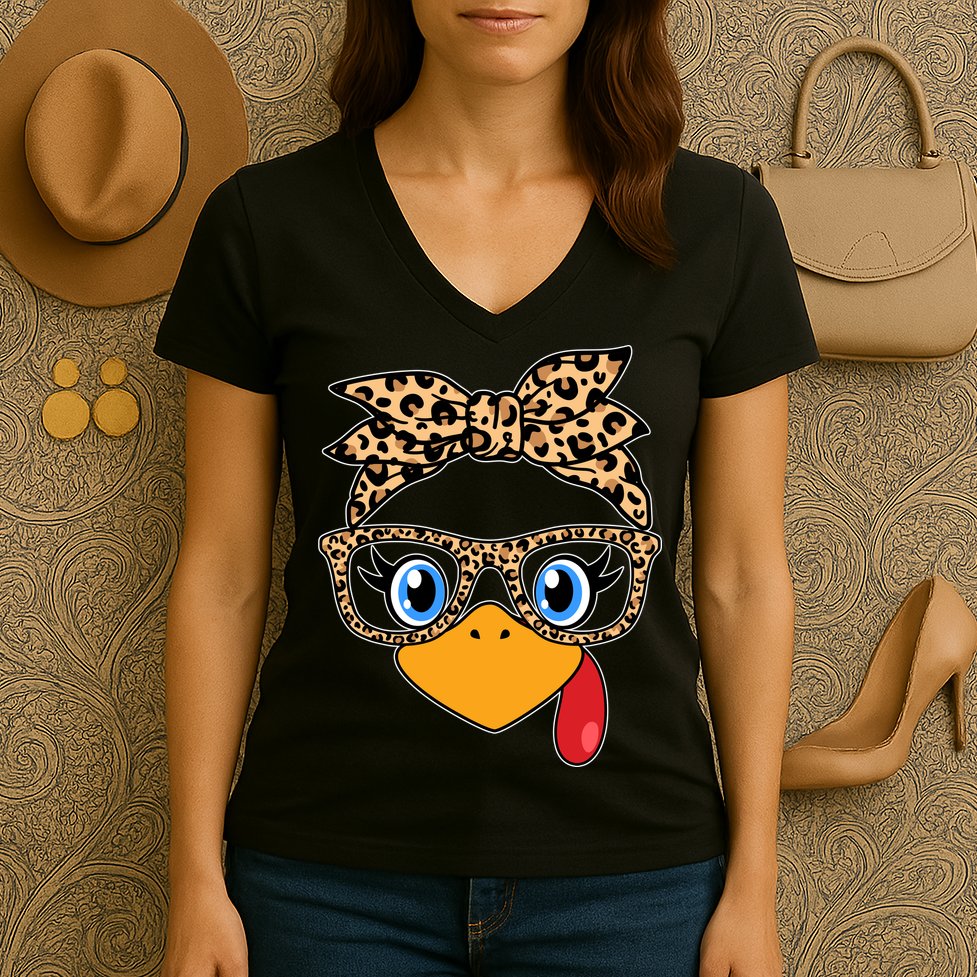 Cute Thanksgiving Leopard Print Bandana Glasses Turkey Girl Women's V-Neck T-Shirt