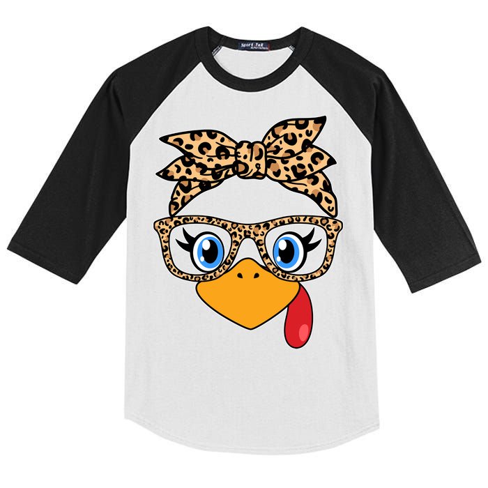 Cute Thanksgiving Leopard Print Bandana Glasses Turkey Girl Kids Colorblock Raglan Jersey