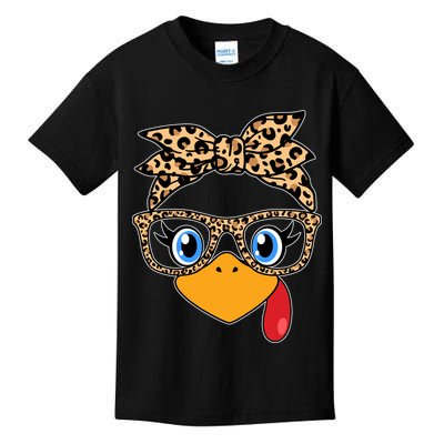 Cute Thanksgiving Leopard Print Bandana Glasses Turkey Girl Kids T-Shirt
