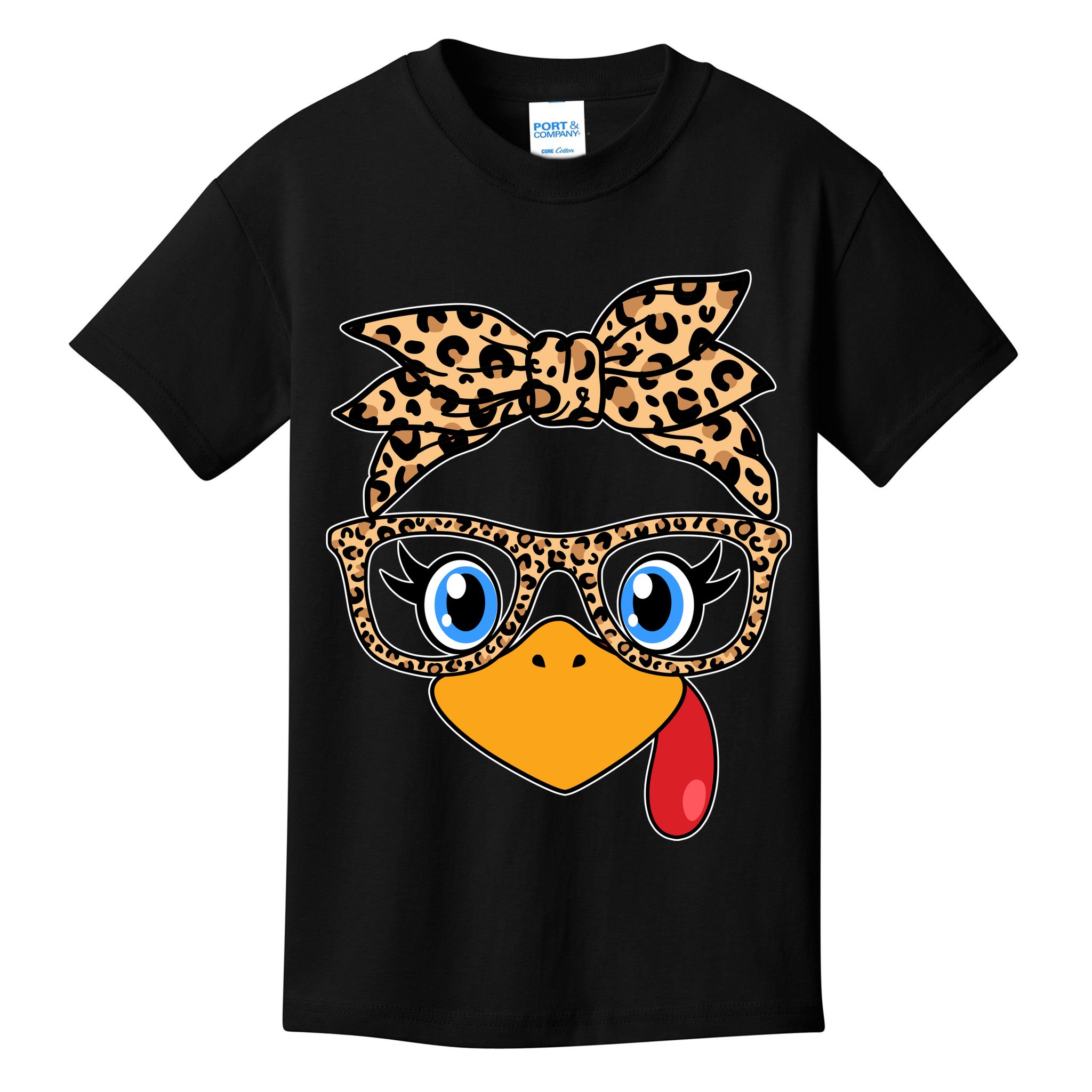 Cute Thanksgiving Leopard Print Bandana Glasses Turkey Girl Kids T-Shirt