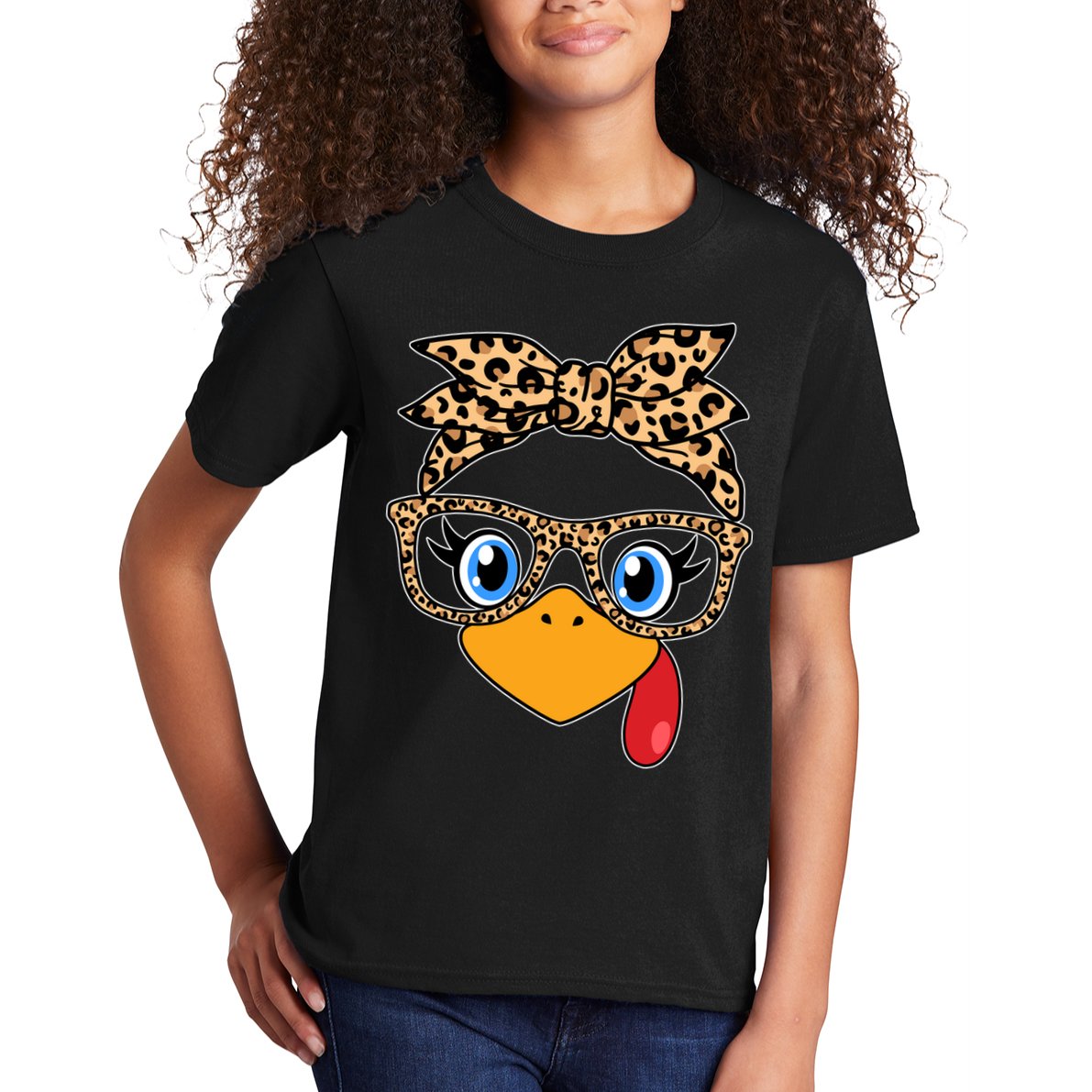 Cute Thanksgiving Leopard Print Bandana Glasses Turkey Girl Kids T-Shirt