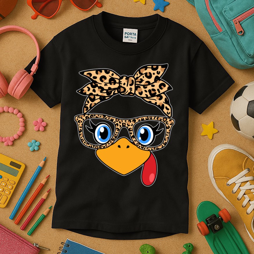 Cute Thanksgiving Leopard Print Bandana Glasses Turkey Girl Kids T-Shirt