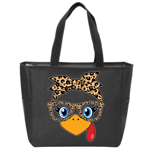 Cute Thanksgiving Leopard Print Bandana Glasses Turkey Girl Zip Tote Bag