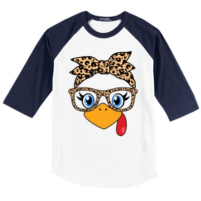 Cute Thanksgiving Leopard Print Bandana Glasses Turkey Girl Baseball Sleeve Shirt