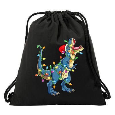 Christmas Tree Lights Funny T Rex Drawstring Bag