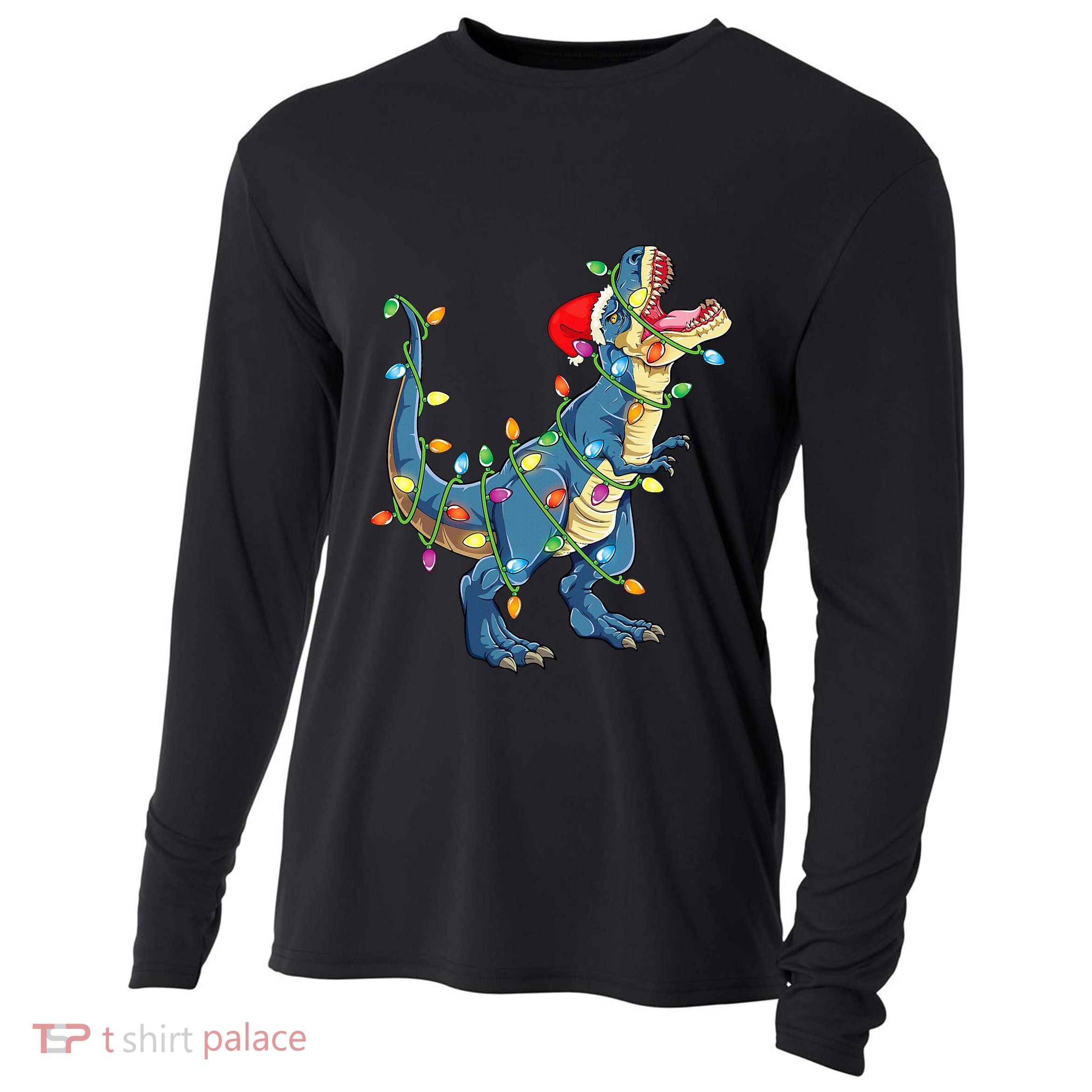 Christmas Tree Lights Funny T Rex Cooling Performance Long Sleeve Crew