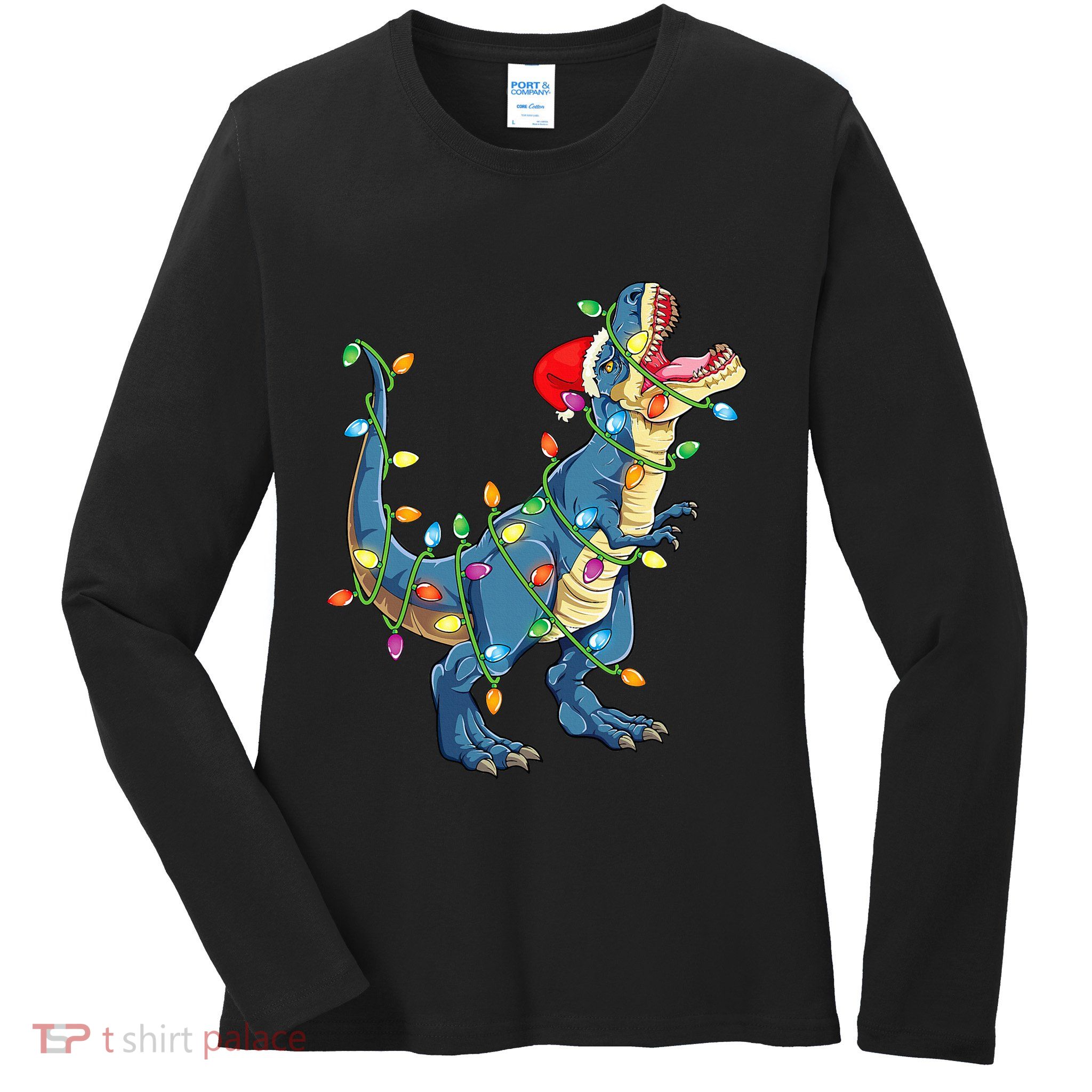 Christmas Tree Lights Funny T Rex Ladies Long Sleeve Shirt