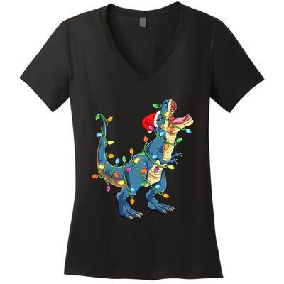 Christmas Tree Lights Funny T Rex Women's V-Neck T-Shirt