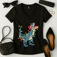 Christmas Tree Lights Funny T Rex Women's V-Neck T-Shirt
